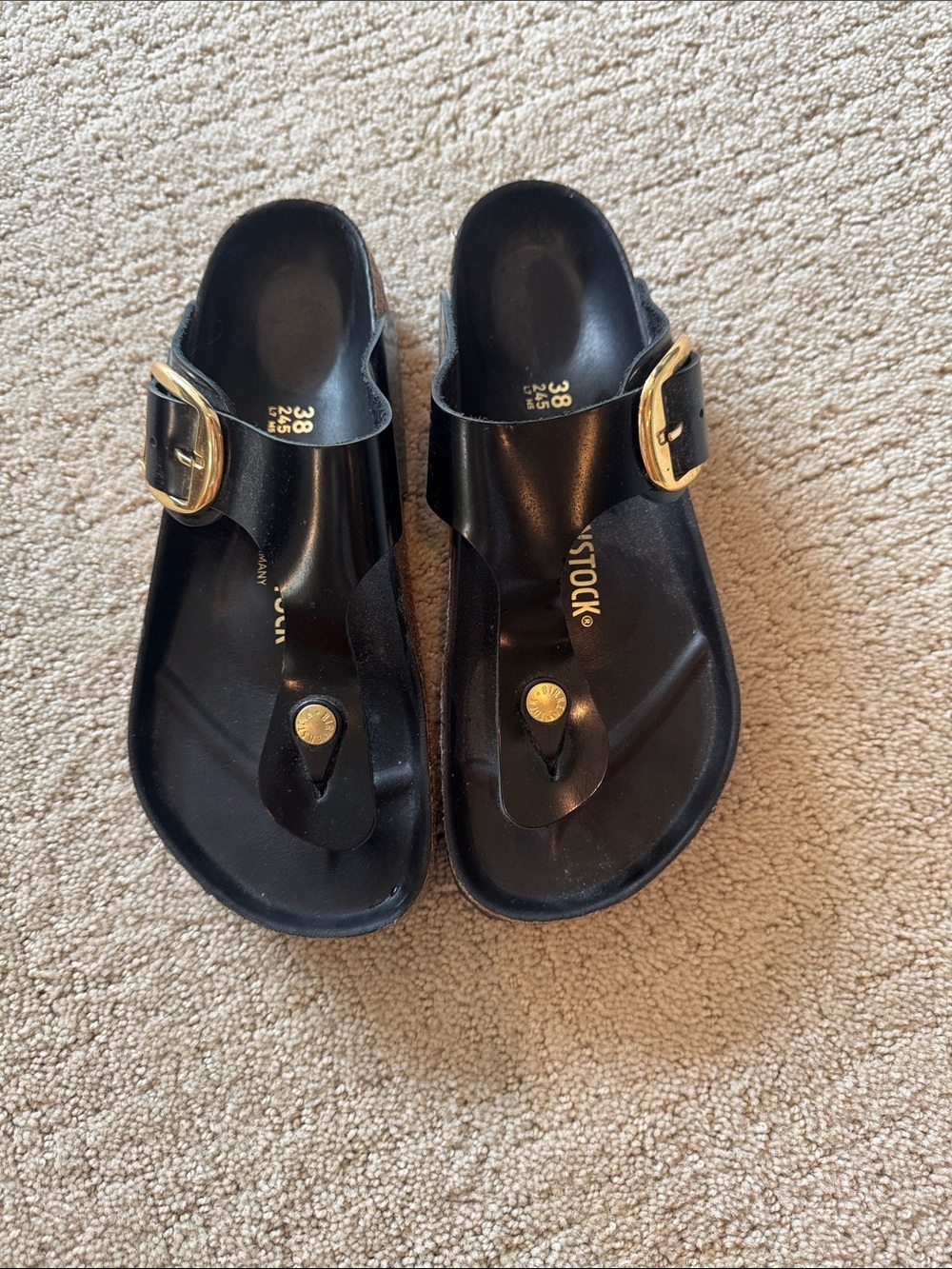 Birkenstock Black Patent Gizeh Thong Sandals with Gold Buckles